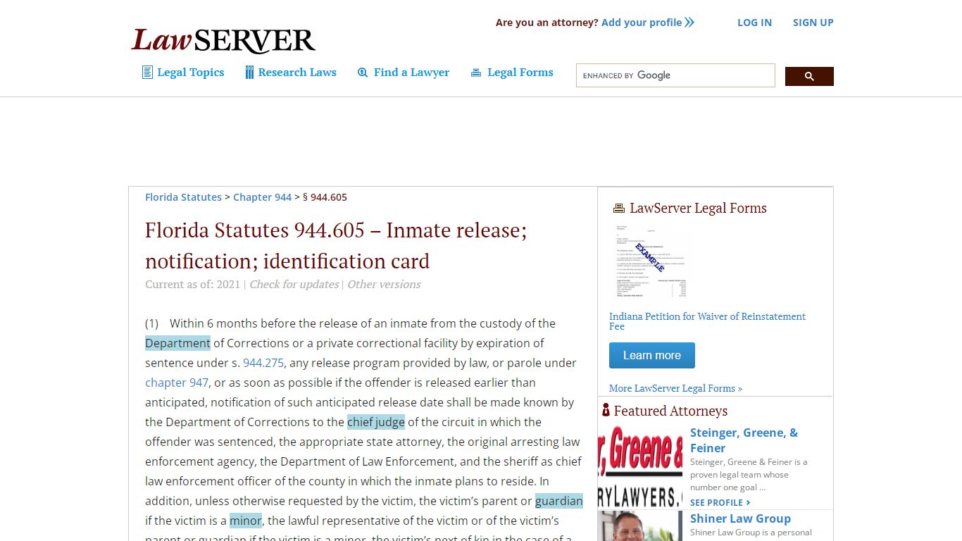 Florida Statutes 944.605 – Inmate release; notification ... - LawServer